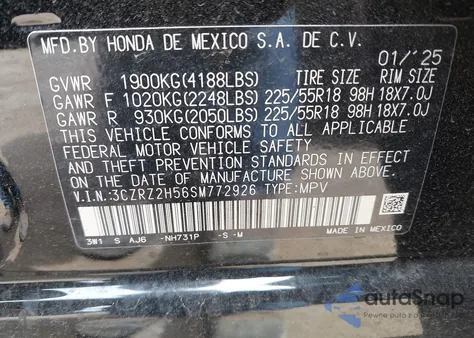 2025 Honda Hr-V Awd Sport z USA, uszkodzony, nr VIN 3CZRZ2H56SM772926